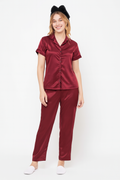 Salmon Silk-Look Pajamas Night Suit-Maroon(Size-XXS)