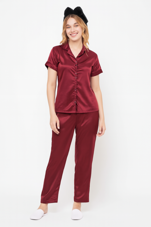 Salmon Silk-Look Pajamas Night Suit-Maroon(Size-XXS)