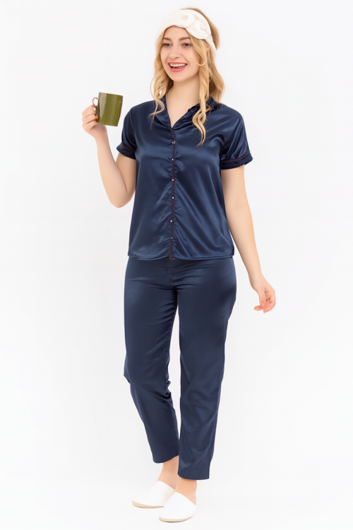 Salmon Silk-Look Pajamas Night Suit-Navy(Size-2XL)